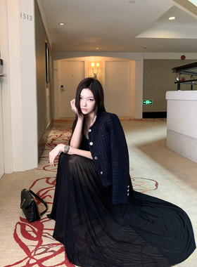 1XTWO 新贵小香 粗花呢圆领小香风外套女气质优雅网纱挂脖连衣裙