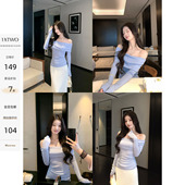 温光凝雾 气质黑色一字肩长袖 针织衫 1XTWO 女慵懒修身 露肩上衣