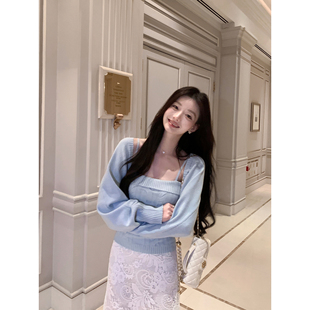 两件套上衣 坎肩针织开衫 1XTWO晨雾海盐 绞花抹胸吊带背心女蝙蝠袖