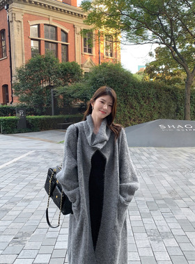 1XTWO 松弛有度 气质围脖领毛衣外套女宽松翻领长款针织开衫大衣