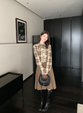 1XTWO 莫次厘调 复古蝴蝶结格纹衬衫女羊毛混纺压褶半身裙套装