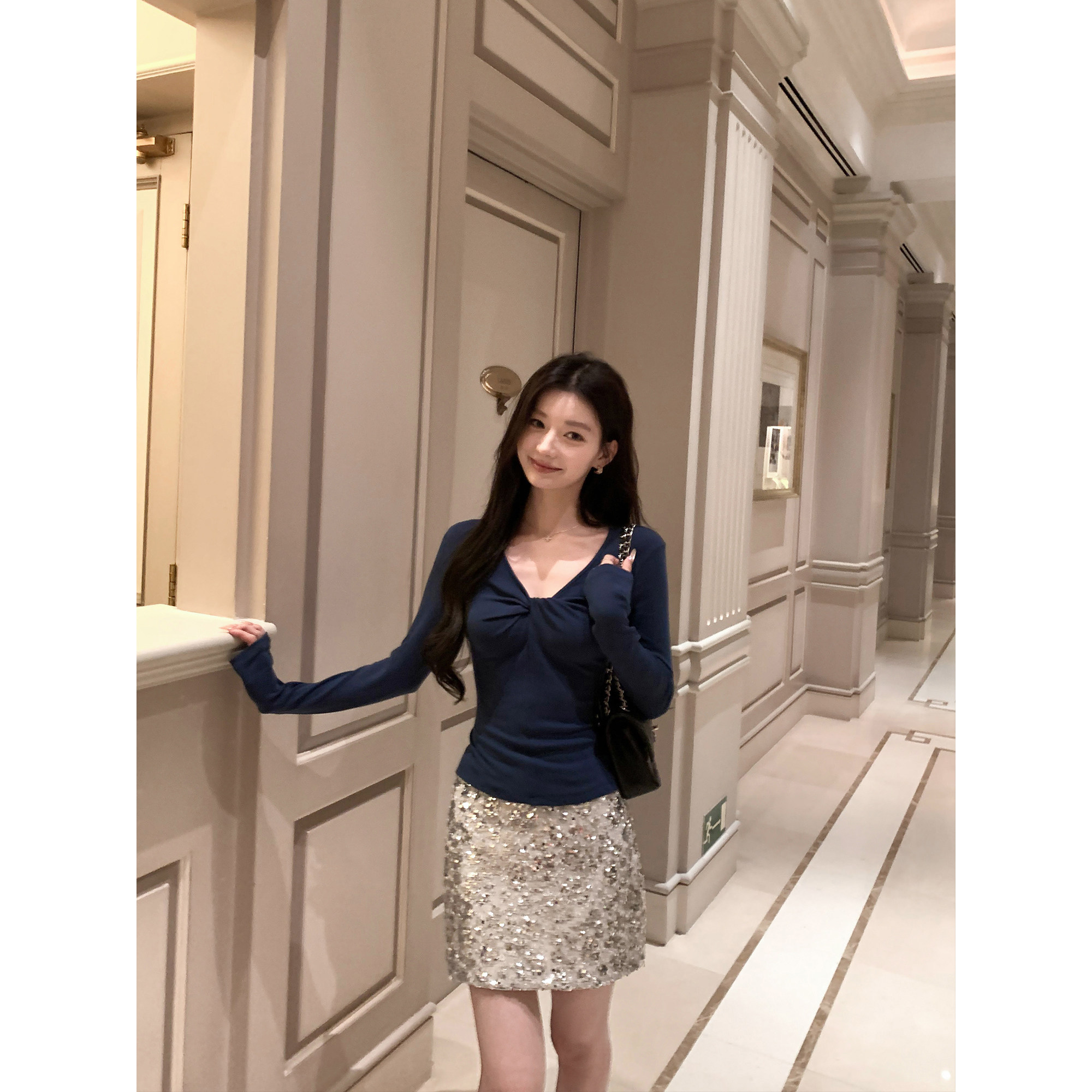 1XTWO 银色星光 精致亮片小香风半身裙女气质高腰A字包臀短裙子