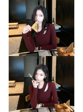 1XTWO 解构美学 不规则拼接镂空针织衫女设计感修身长袖打底上衣