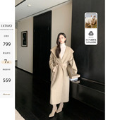 1XTWO 京圈新贵 轻奢羊毛双面呢大衣女高级可拆腰带连帽毛呢外套