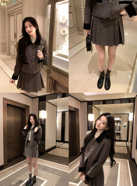 1XTWO 心动赴约 人字纹毛呢外套女a字百褶半身裙气质小香风套装