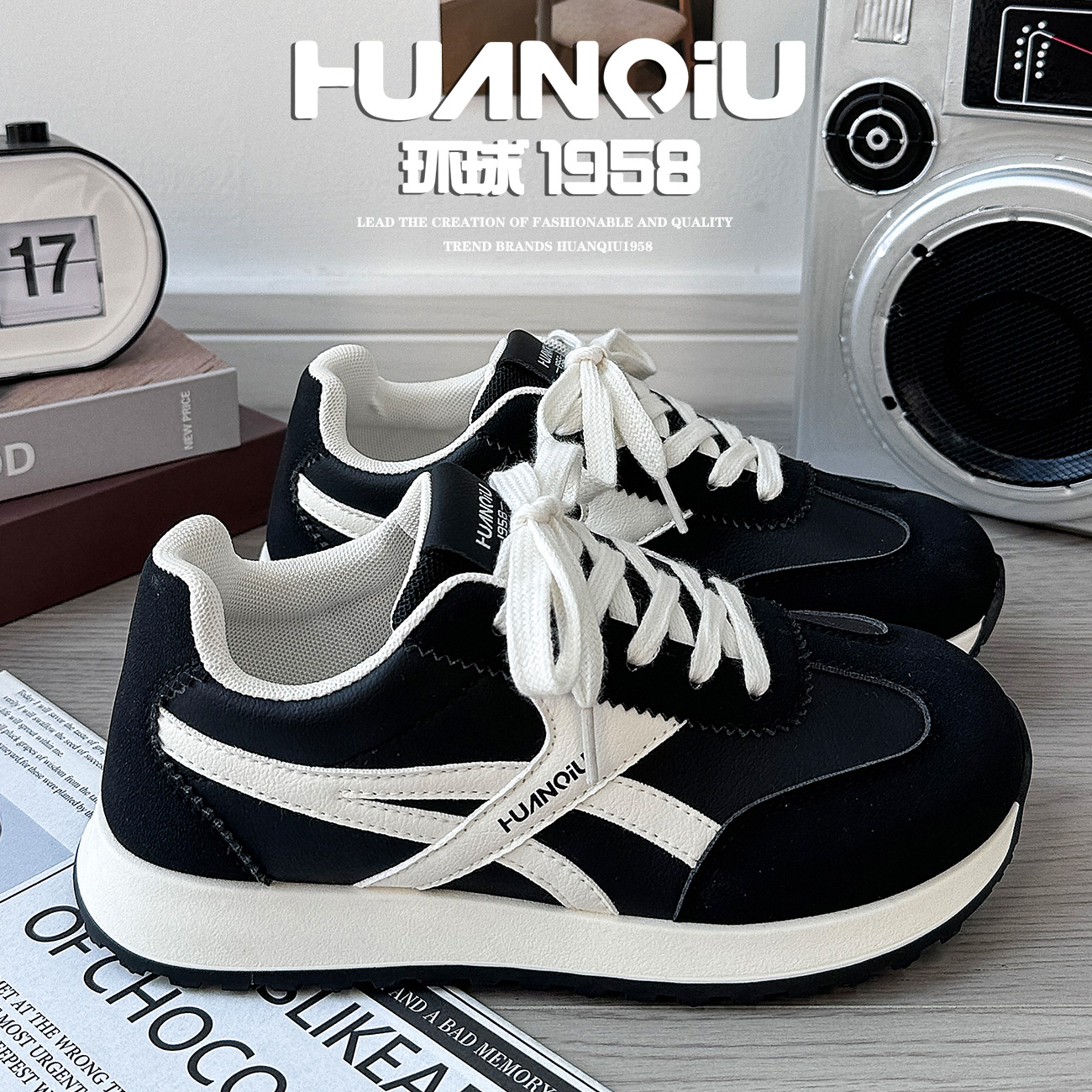 环球官方旗舰店休闲黑色德训鞋女