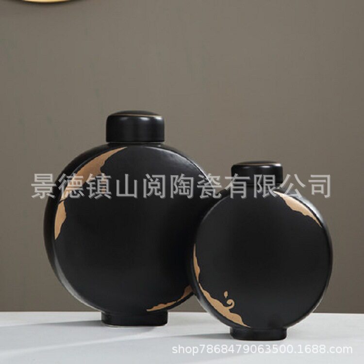 新中式创意黑色描金陶瓷花瓶摆件带盖罐子客厅插花软装复古花器