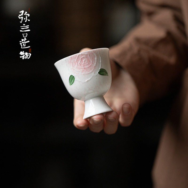 弥言白瓷手绘玫瑰花主人杯家用高足品茗杯手工陶瓷薄胎品茗杯大号