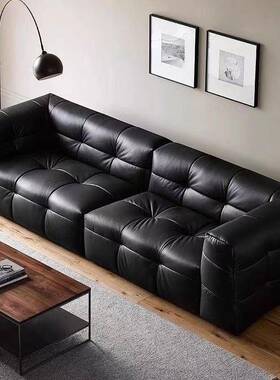 ft意式双人黑色皮沙发轻奢感小户型沙发客厅直排猫爪皮简易沙