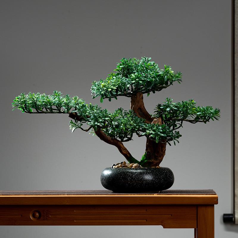 崖柏松新中式仿真迎客松盆景实木罗汉松客厅茶桌玄关桌面装饰摆件