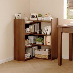 转角置物架落地书桌旁边柜胡桃木色多层收纳架家用可伸缩矮书架子
