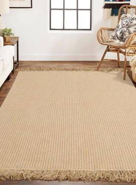 手编织黄麻客厅茶地毯榻榻米带穗黄60287工麻亚麻卧地垫床几边地室毯