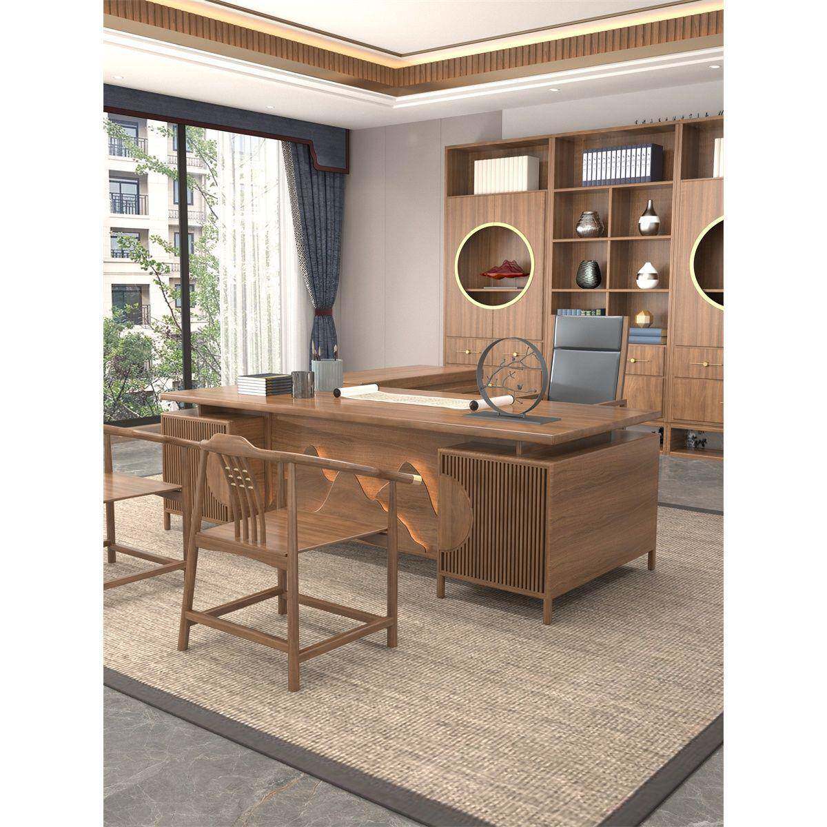 新公中式实木转电脑办桌现代高大班台老板985端总裁角办公室茶桌