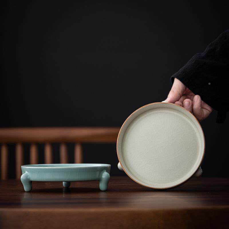 宋米黄汝汝瓷三足SRN承干泡台壶托茶具配窑件陶朴瓷茶壶垫开片可