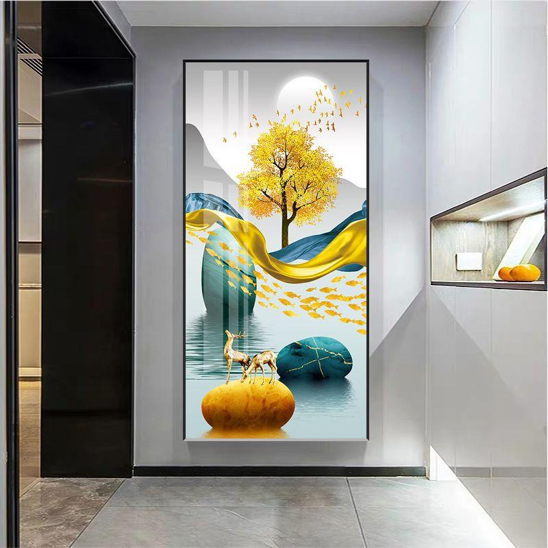 现代约入户玄关装饰画客过道走廊招财风水简发财鹿CET画厅竖壁版