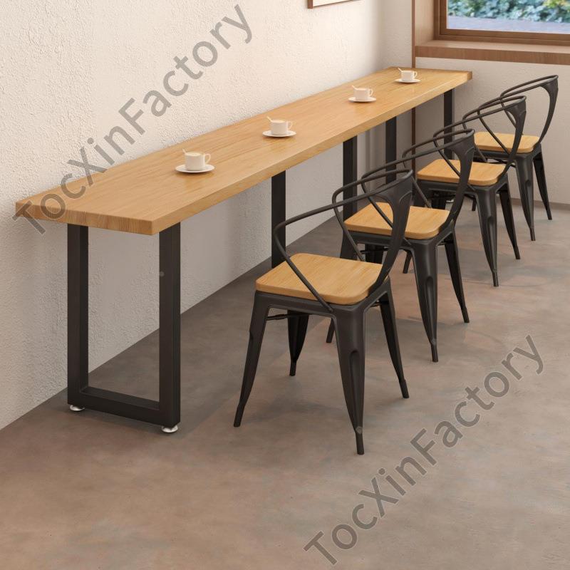 LCP2铁艺实靠店木长方窄桌快餐食HXQ堂小吃店形靠墙窗边桌子酒吧