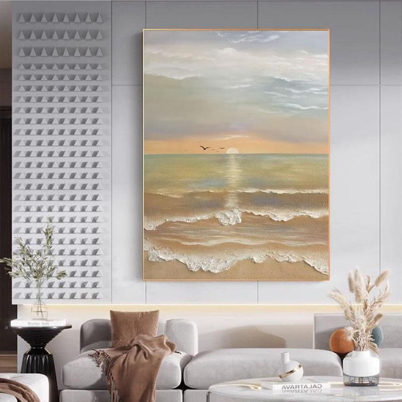 纯手油绘画客现代装饰画海景日理出风MLZ景肌画玄关竖版厅挂画奶