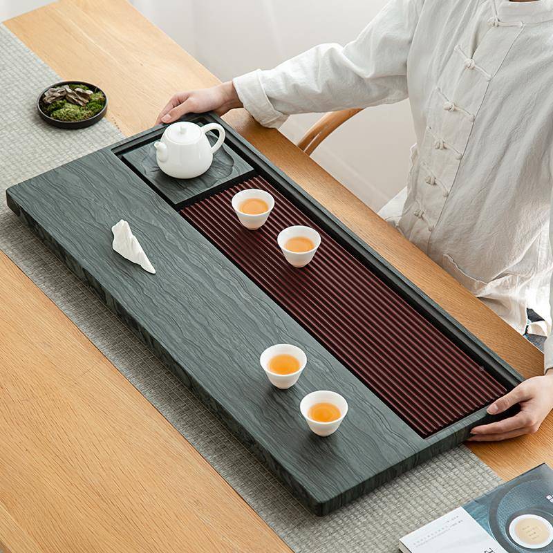 天然PIF木茶盘茶台家用简约乌金纹石材绿电石木大小号茶托盘茶具