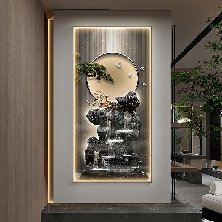 大气玄关装饰竖版走廊过道l挂画ed带画灯新式中迎客松壁XKK画寓意