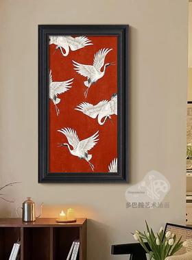尽新中式鹤手绘油画红色RHV客厅装饰中国风走画廊头仙入户玄关挂