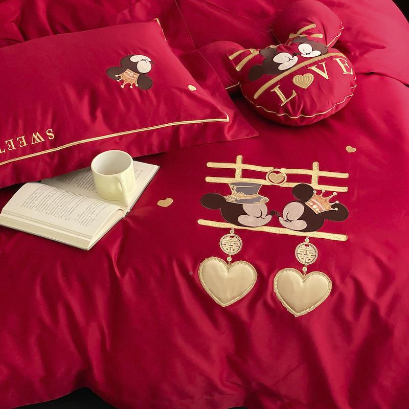 卡通婚庆四件HAL套结婚红床单床房上用品喜大被婚嫁婚红床新婚婚