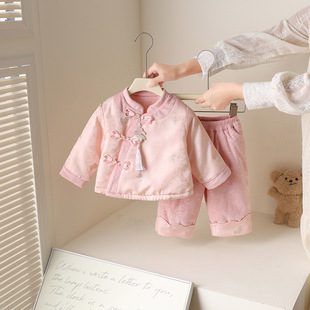 女童汉服套装2025冬装新款国风女宝宝周岁礼服夹棉加厚婴幼童唐装