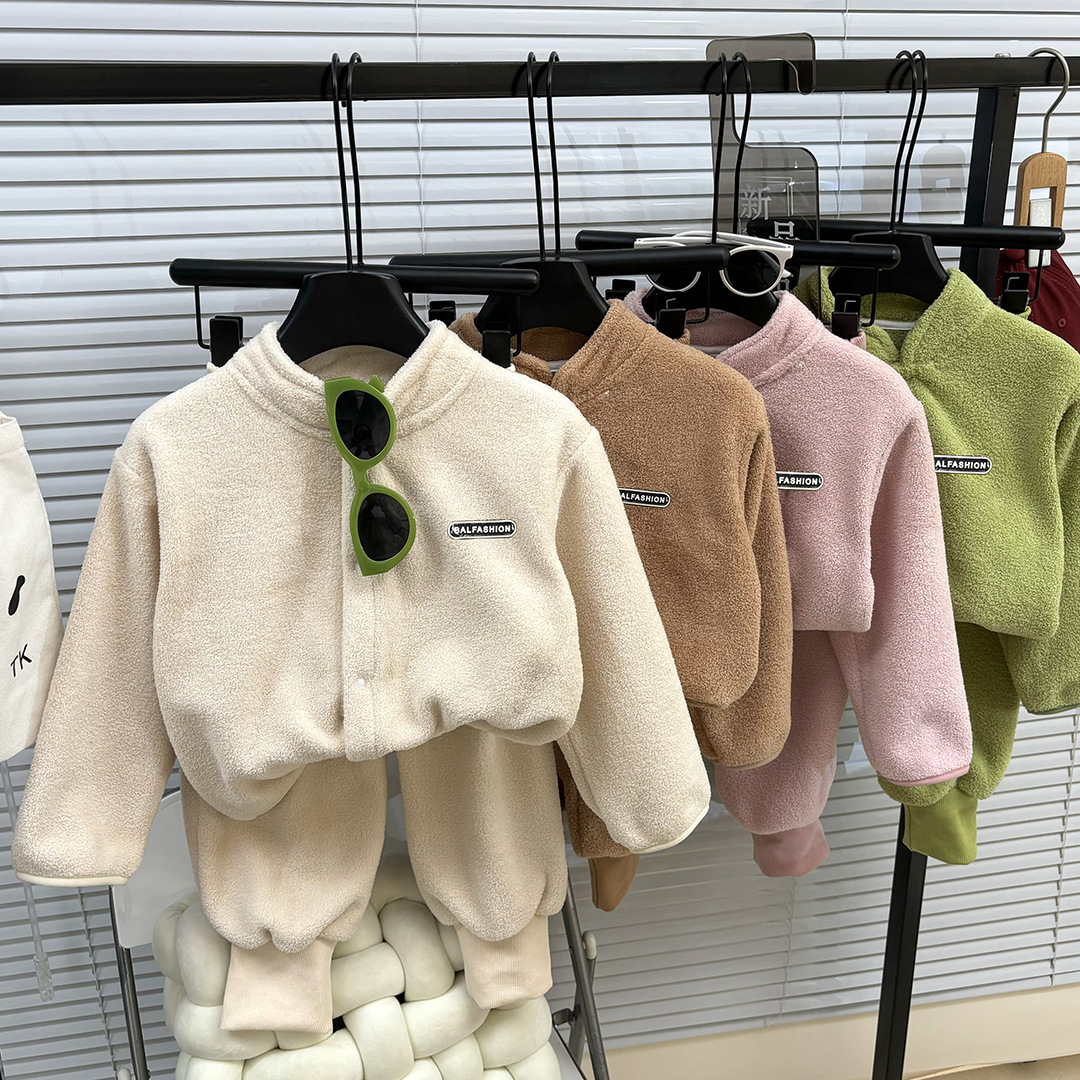 秋冬新款儿童套装立领双面绒毛毛衣韩版男女童加厚外套裤子两件套