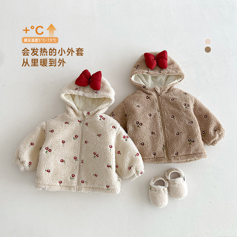 女童加绒外套小左小右冬季宝宝加厚绣花棉服儿童可爱蝴蝶结棉衣潮