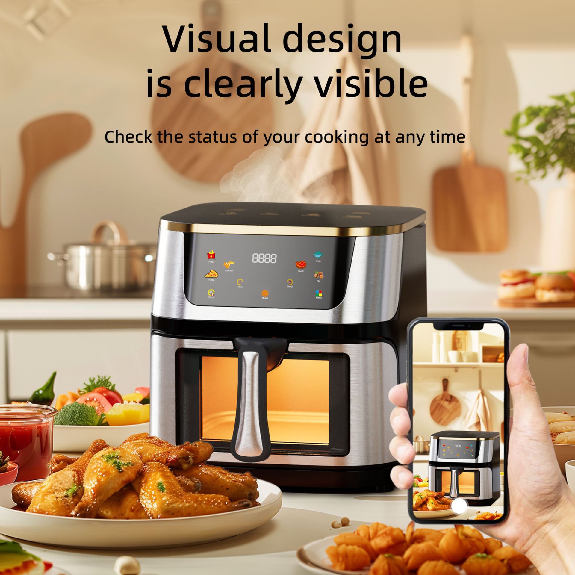 air fryer英文全包不锈钢10L大容量智能触摸款空气炸锅可视窗