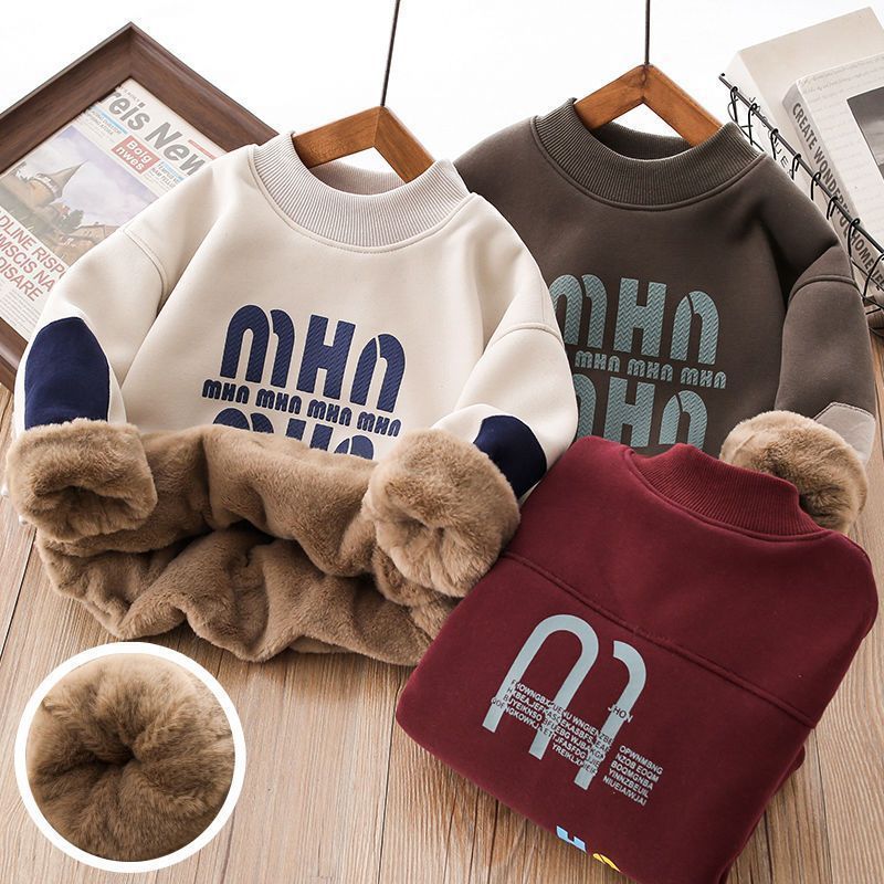 男童加绒卫衣冬季中大儿童休闲加厚仿兔绒打底衫男孩冬装保暖上衣