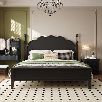 人实新大中古风CYV黑色马赛床法式复古全木床主卧双床美式卧室轻