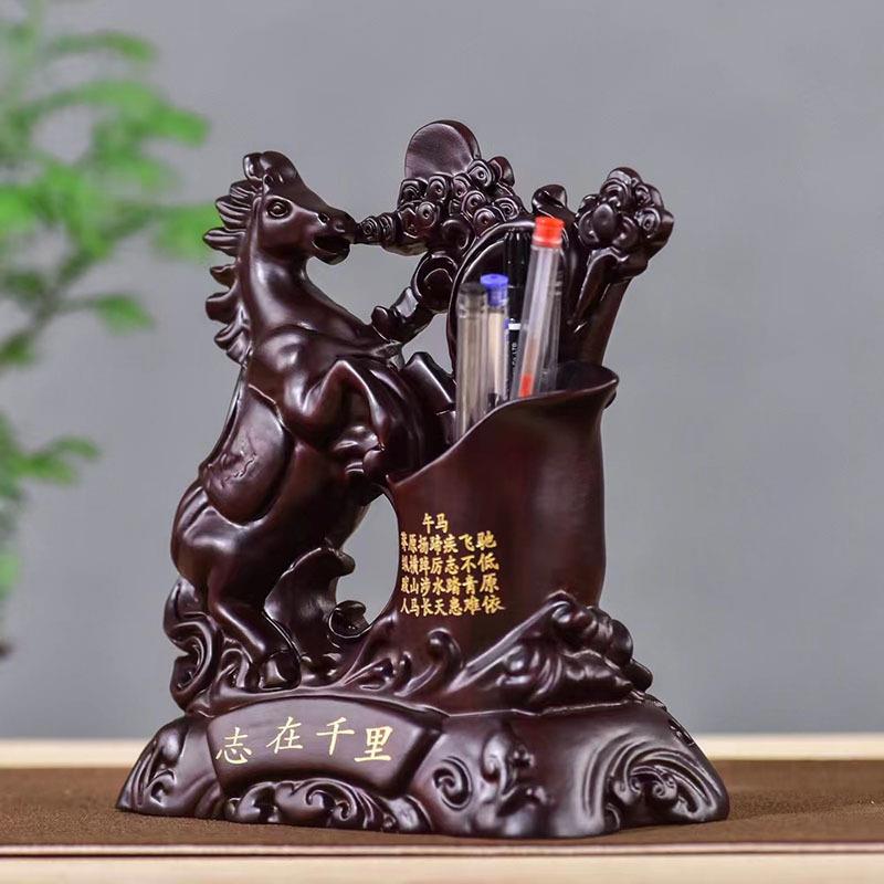 黑檀木公笔雕56刻十二生肖午马筒桌摆件木质笔筒办室面摆饰商务送