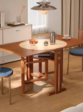 中古风实木折叠桌餐桌椭圆折叠桌圆桌户小型吃饭子半XMC84210圆书