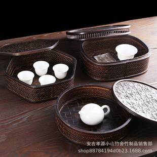 竹编复古圆盒食盒带盖大漆茶道收纳盒点心干果收纳盒便携带盖竹盒