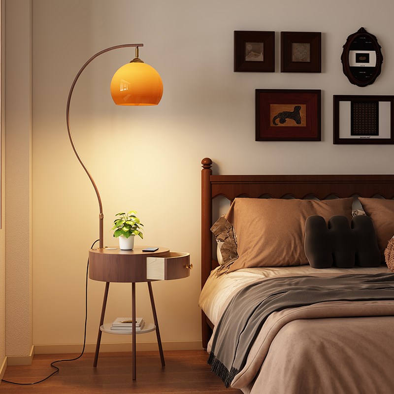 带抽屉落地灯客厅沙发边几置物法式中古新中式卧室床头柜台灯一体