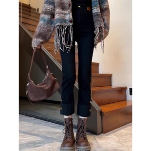 胖mm高腰烟管裤 女大码 子 梨形身材弹力九分直筒显瘦牛仔裤 秋冬新款