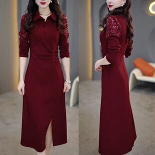 2024秋冬季新款加绒加厚打底连衣裙女气质显瘦亮片拼接中长款裙子