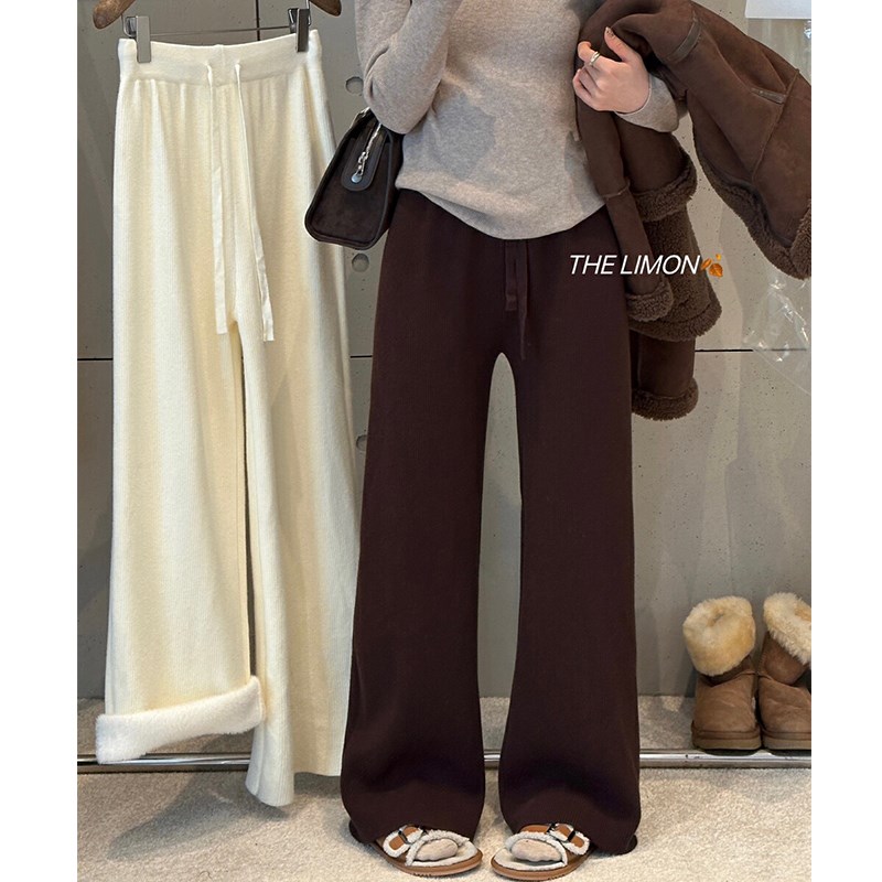 秋冬加厚小个子150裤子兔绒针织阔腿裤女加绒保暖糯米休闲直筒裤