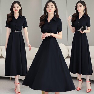 大码胖mm连衣裙polo领气质名媛高端小个子夏季梨型身材a字裙子女