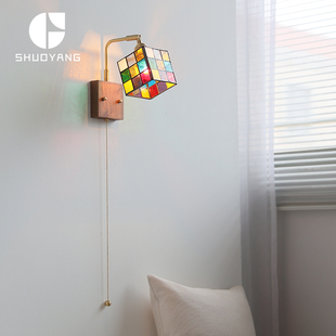烁阳彩色手工玻璃壁灯日式床头复古民宿左右旋转带开关魔方小壁灯
