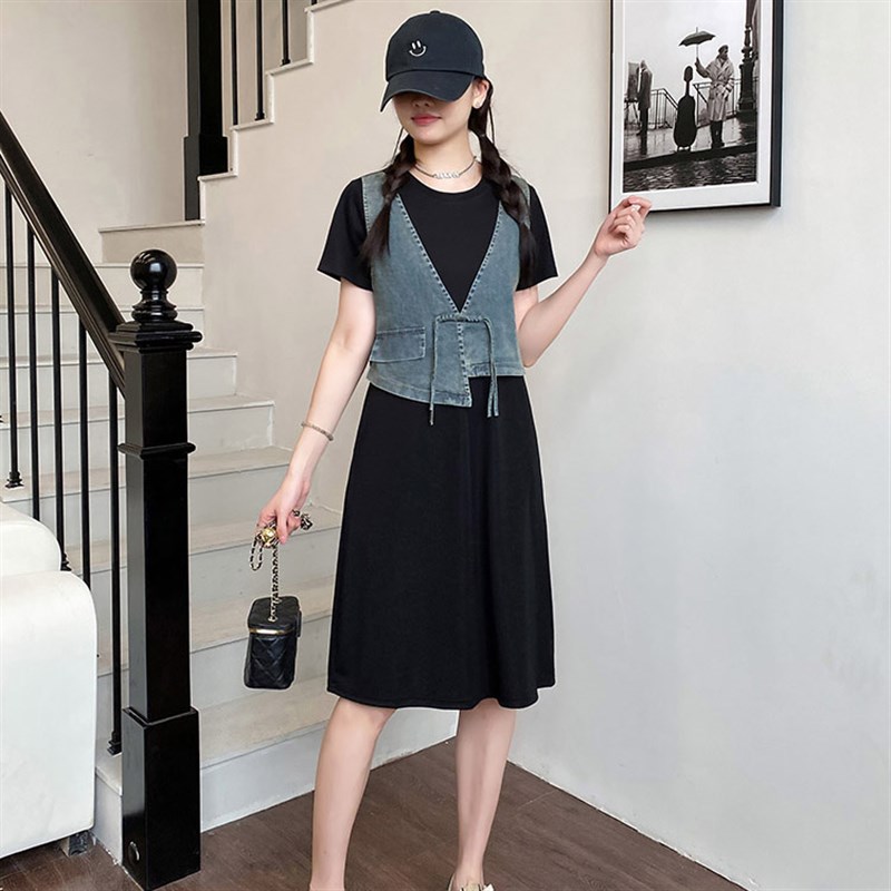 2024新款女装长款连衣裙短袖裙子假两件套国风休闲及膝女士复古裙