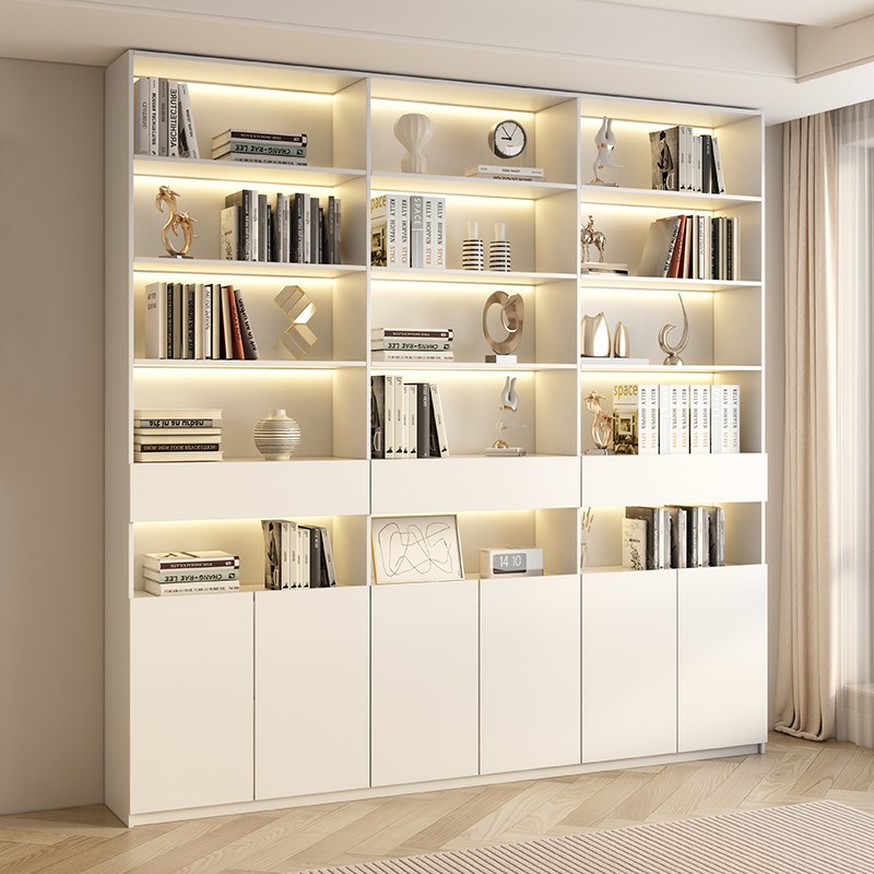 定制实木书房书柜一体整面墙到顶客厅奶油风展示柜满墙储物书橱