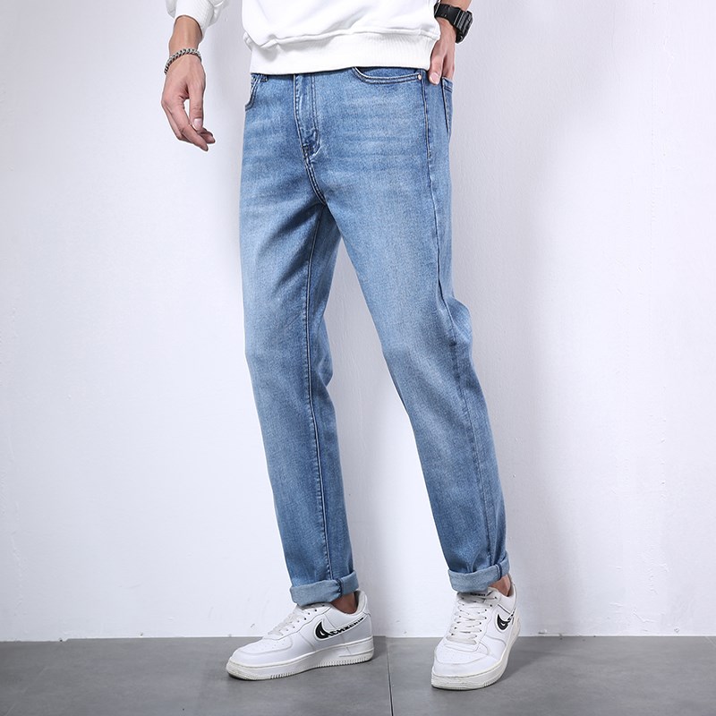 夏季薄高个子牛仔裤男加长版弹力修身小直筒青年浅蓝色195cm男裤
