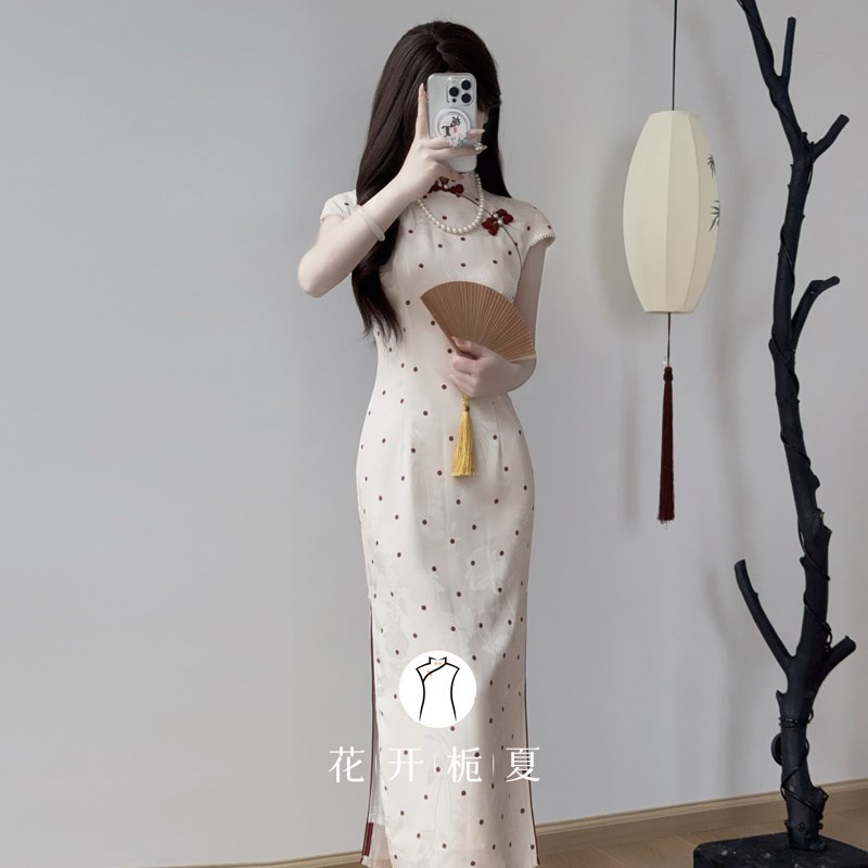 【罗马假日】新中式国风复古修身旗袍气质少女感波点连衣裙