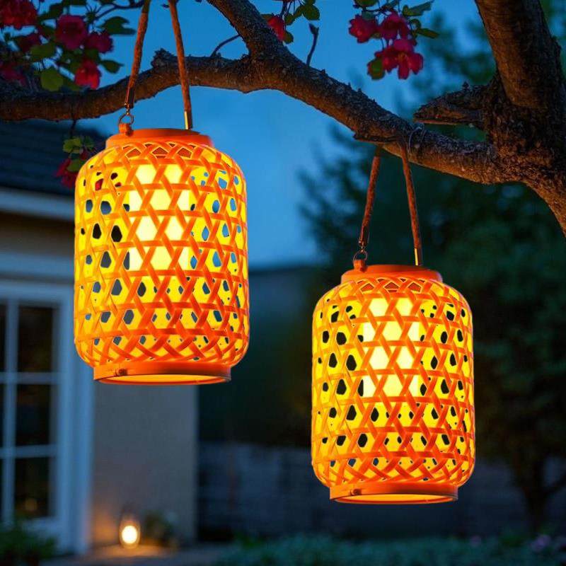 新年太阳能仿竹编红灯笼小夜灯中式庭院花园户外装饰氛围吊灯屋檐