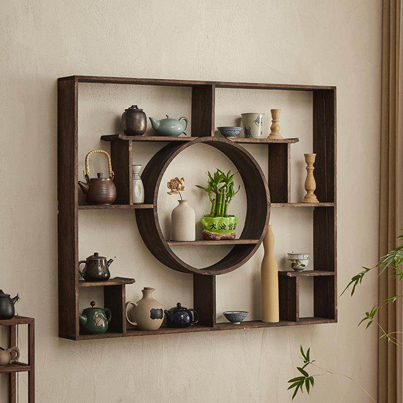 K8实木新中式壁挂式博古架挂墙上茶具架子茶壶放茶杯茶室空间置物