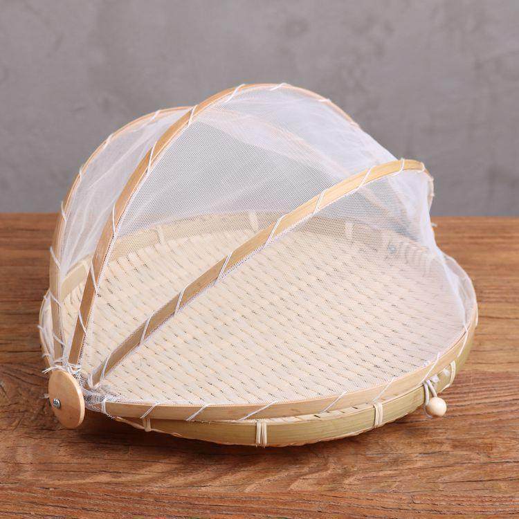 竹编果盘圆形收纳筐菜罩家用饭菜罩子防虫苍蝇罩带盖折叠餐桌罩