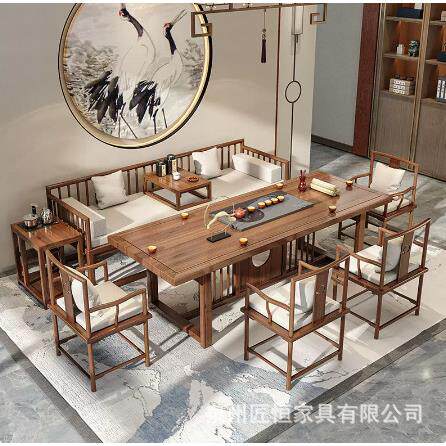 新中式实木茶桌全套简约家用原木屏风茶台办公室接待会客泡茶桌子