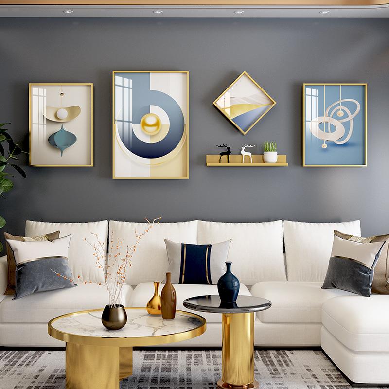 置新中式厅4框【金长款4客框晶瓷抽象几何铝金装饰画物架组合金合