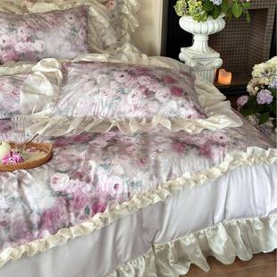 法笠式玫WL四瑰印天花丝棉公主风荷叶边别墅款双人丝滑床件套
